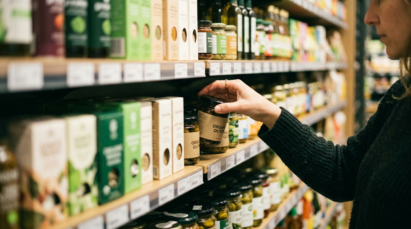 Consumer goods packaging arranged on a warm neutral surface
