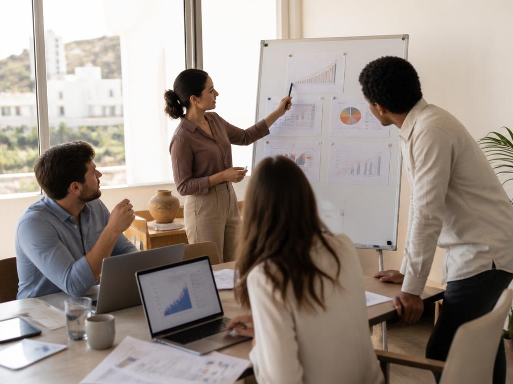 Team reviewing growth charts and market data in a bright office